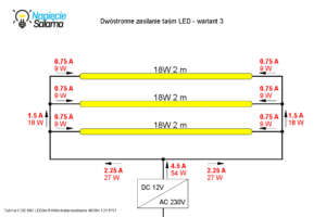 Instalacja elektryczna w łazience - oświetlenie - schemat dwustronnie zasilanych połączonych równolegle pasków LED