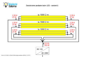 Instalacja elektryczna w łazience - oświetlenie - zalecany do wykonania schemat dwustronnie zasilanych równolegle połączonych pasków LED