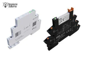 PKI 6,2 mm a przekaźnik interfejsowy w gnieździe Porównanie wąskiego przekaźnika interfejsowego PKI 6,2 mm montowanego bezpośrednio na szynie TH35 oraz przekaźnika interfejsowego w gnieździe