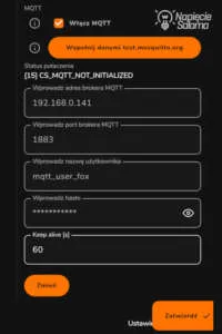 Ustawienia MQTT w module FOX – autoryzacja i parametry połączenia z brokerem. Konfiguracja połączenia urządzenia FOX F&F z brokerem. Protokół MQTT w Smart Home – wprowadzanie adresu IP, portu 1883 oraz danych użytkownika mqtt_user_fox.