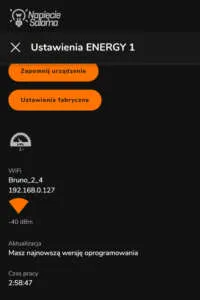 Ustawienia urządzenia ENERGY 1 w aplikacji FOX. Widoczny adres IP 192.168.0.127 oraz siła sygnału WiFi, niezbędne do konfiguracji REST API i MQTT w Smart Home.