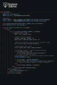 Kod źródłowy w języku Python do cyklicznego odczytu danych z modułu FOX Energy-1 przez REST API. Skrypt wykorzystuje bibliotekę aiohttp i pobiera informacje o napięciu oraz mocy w ramach integracji REST API i MQTT w Smart Home.