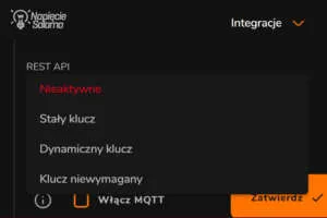 Menu wyboru trybu autoryzacji REST API w aplikacji FOX. Dostępne opcje: Nieaktywne, Stały klucz, Dynamiczny klucz oraz Klucz niewymagany w ramach konfiguracji REST API i MQTT w Smart Home.