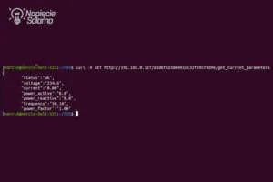 Terminal Linux wyświetlający zapytanie curl do modułu FOX z wykorzystaniem pełnego klucza statycznego REST API. Odpowiedź JSON potwierdzająca status „ok” i poprawne parametry elektryczne (napięcie 230.5 V) w systemie Smart Home.