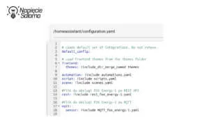 Konfiguracja YAML w Home Assistant – integracja FOX Energy 1 przez MQTT. Fragment pliku configuration.yaml w Home Assistant z sekcją MQTT dla modułu Energy 1. Protokół MQTT w Smart Home jako alternatywa dla REST API w systemie FOX F&F.