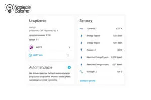 Podgląd sensorów FOX Energy 1 – pełne zestawienie danych pomiarowych przez MQTT. Widok szczegółowy urządzenia Energy 1 (F&F Filipowski) w panelu Home Assistant. Lista sensorów MQTT: natężenie, eksport i import energii, moc oraz napięcie, działających w systemie Smart Home.
