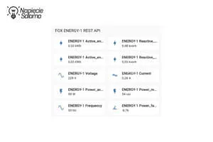 Widok kart z danymi pomiarowymi urządzenia FOX Energy-1 w interfejsie Home Assistant. Prezentacja parametrów pobranych przez REST API: energia czynna i bierna, napięcie, natężenie, moc oraz częstotliwość.