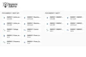 REST API vs MQTT – porównanie metod integracji systemu FOX F&F. Porównanie odczytów z urządzenia FOX Energy 1 przez REST API oraz protokół MQTT w Home Assistant. Zestawienie kafelków z danymi o zużyciu energii, napięciu i mocy w inteligentnym domu.