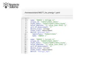 Definiowanie encji w Home Assistant – parametry Voltage i Current przez MQTT. Konfiguracja sensorów MQTT w pliku YAML dla modułu Energy 1 FOX F&F. Protokół MQTT w Smart Home wykorzystujący value_template do wyodrębniania danych JSON.