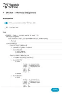 Informacje debugowania i payload JSON z modułu Energy 1 systemu FOX F&F. Protokół MQTT w Smart Home prezentujący strukturę danych przesyłanych do brokera.