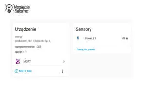 Parametry pracy Energy 1 – odczyt sensorów przez protokół MQTT. Szczegóły urządzenia Energy 1 systemu FOX F&F w panelu sterowania. Protokół MQTT w Smart Home przesyłający dane z sensora mocy (49 W) do systemu nadrzędnego.
