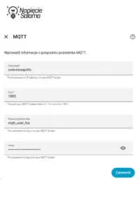 Parametry połączenia MQTT – autoryzacja systemu FOX F&F w brokerze. Formularz konfiguracji połączenia z brokerem Mosquitto. Wprowadzanie nazwy użytkownika mqtt_user_fox i hosta dla usługi Protokół MQTT w Smart Home.