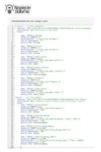 Pełna konfiguracja pliku rest_fox_energy-1.yaml w Home Assistant. Definicja sensorów dla parametrów bieżących (napięcie, moc, częstotliwość) oraz liczników energii całkowitej i eksportowanej w ramach integracji REST API i MQTT w Smart Home.