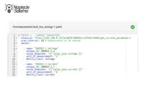 Zawartość pliku rest_fox_energy-1.yaml w Home Assistant. Konfiguracja platformy REST z definicją sensorów napięcia (Voltage) i natężenia (Current) oraz parametrem scan_interval ustawionym na 10 sekund.
