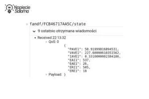 Analiza tematu MQTT – szczegóły wiadomości i struktura danych urządzenia FOX. Widok tematu MQTT state dla urządzenia FOX F&F z odebranym payloadem JSON. Protokół MQTT w Smart Home prezentujący parametry elektryczne i poziom QoS: 0.