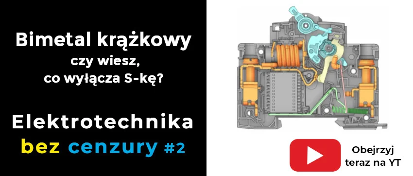 Przekrój wyłącznika nadprądowego z widocznym mechanizmem wyzwalającym oraz informacją o bimetalu krążkowym
