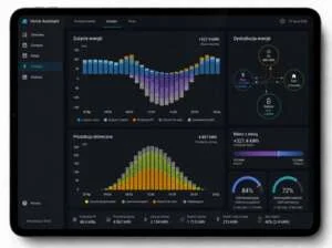 Wizualizacja bilansu energii i pracy fotowoltaiki w systemie Home Assistant. Zrzut ekranu pulpitu zarządzania energią w Home Assistant, pokazujący wykresy produkcji z fotowoltaiki, ładowania baterii, autokonsumpcji oraz dystrybucji energii.