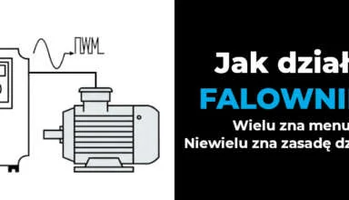 Schemat pokazujący zasadę działania falownika sterującego prędkością silnika elektrycznego za pomocą sygnału PWM.