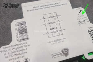 Moment dokręcania zacisku 0,5 Nm w module bezpiecznikowym BIK-3 Oznaczenie momentu dokręcania 0,5 Nm na module bezpiecznikowym BIK-3 Pollin do ustawienia wkrętaka dynamometrycznego