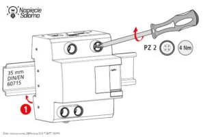 Moment dokręcania zacisku 4 Nm i końcówka PZ2 według instrukcji montażu Dehn Instrukcja dokręcania zacisku aparatu elektrycznego momentem 4 Nm przy użyciu wkrętaka dynamometrycznego w ogranicznikach przepięć Dehn