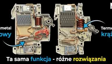 Przekrój dwóch wyłączników nadprądowych MCB prezentujący dwa różne rozwiązania konstrukcyjne: termobimetal paskowy i termobimetal krążkowy