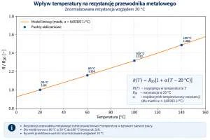 Wykres przedstawiający zależność rezystancji przewodnika metalowego od temperatury. Wraz ze wzrostem temperatury od 20°C do 140°C znormalizowana rezystancja rośnie niemal liniowo.