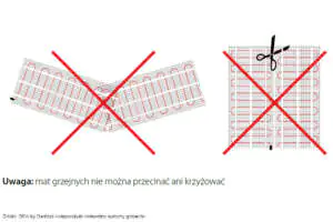 Kabli grzejnych w matach grzejnych nie można przecinać ani krzyżować Mat grzejnych nie można skracać ani układać tak, aby kable grzejne się krzyżowały