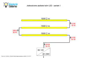 Instalacja elektryczna w łazience - oświetlenie - schemat jednostronnie zasilanych połączonych szeregowo pasków LED