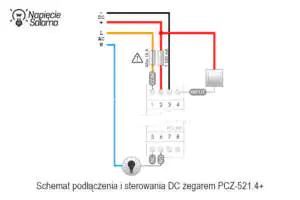 Schemat podłączenia i zasilania z DC zegara sterującego PCZ-521.4 Plus